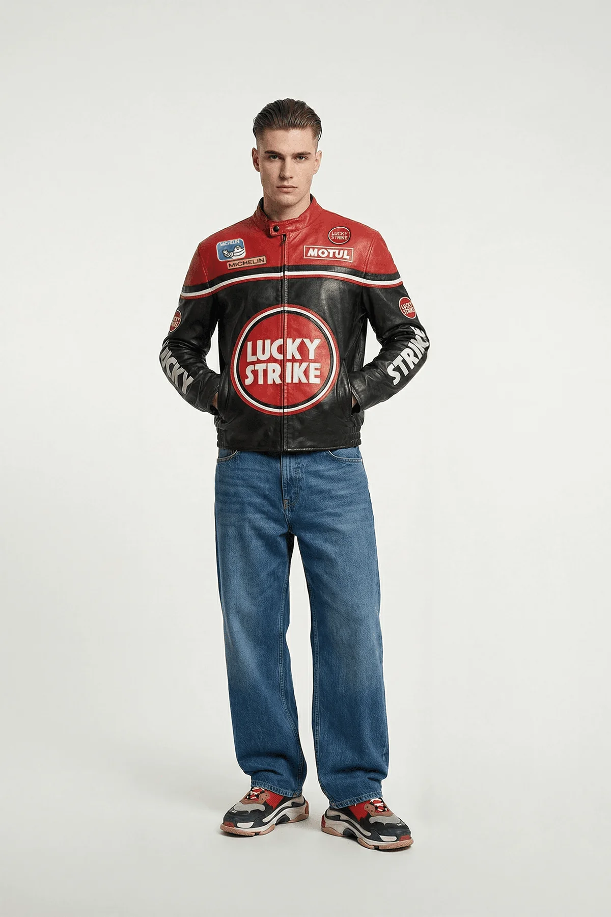 Lucky Strike Vintage Racing Leather Jacket - Red & Black Edition - Image 3
