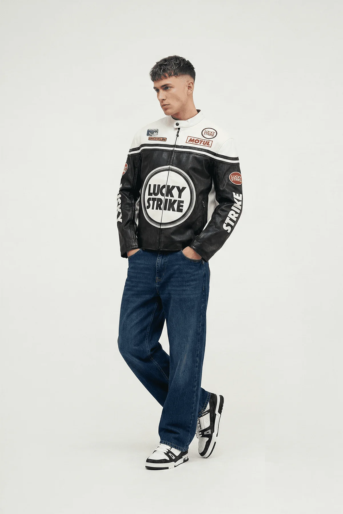 Lucky Strike Vintage Racing Leather Jacket - White & Black Edition - Image 3